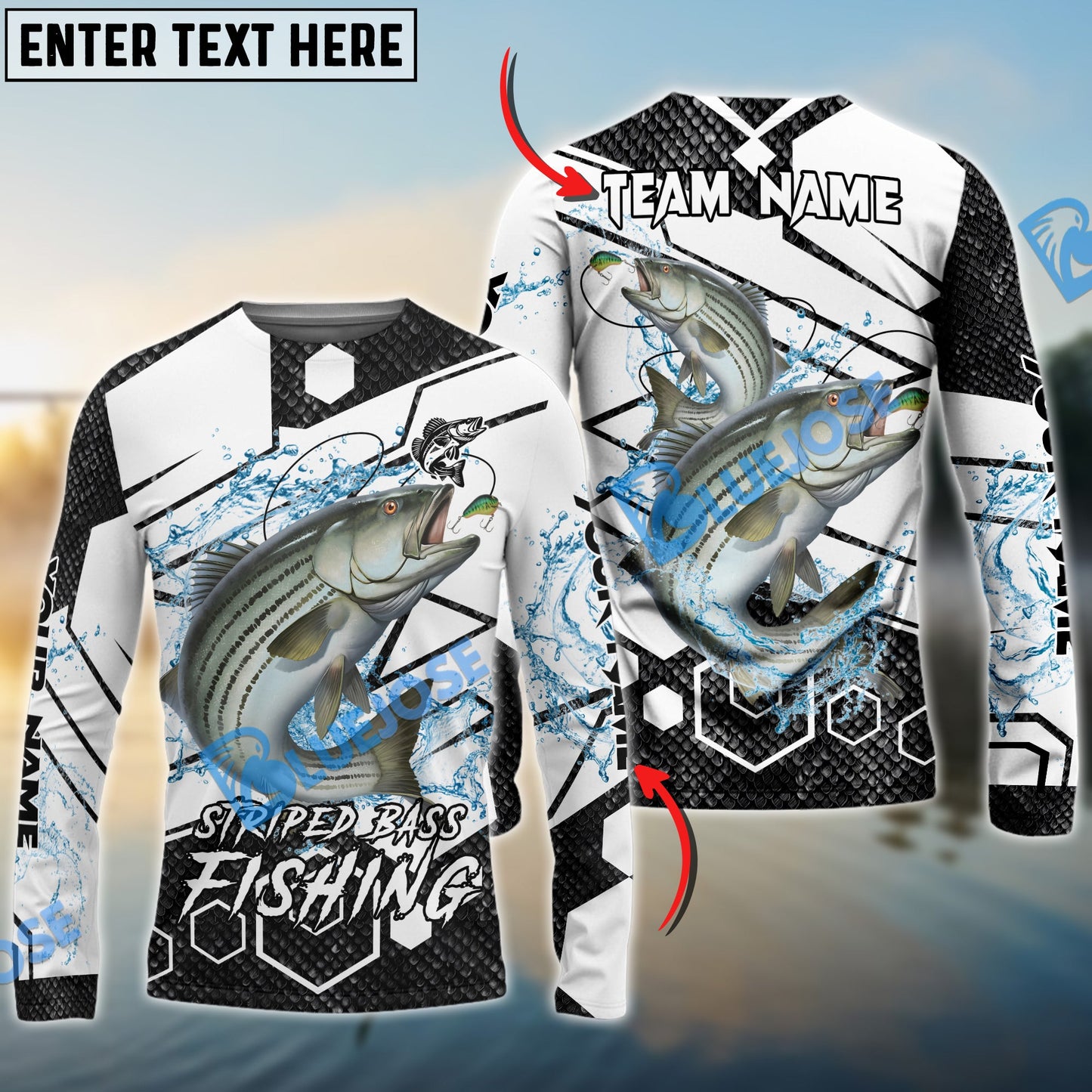 Frenzidea Striped Bass Fishing White Gray Black Hexagon Sport Custom Name & Team Name 3D Shirts
