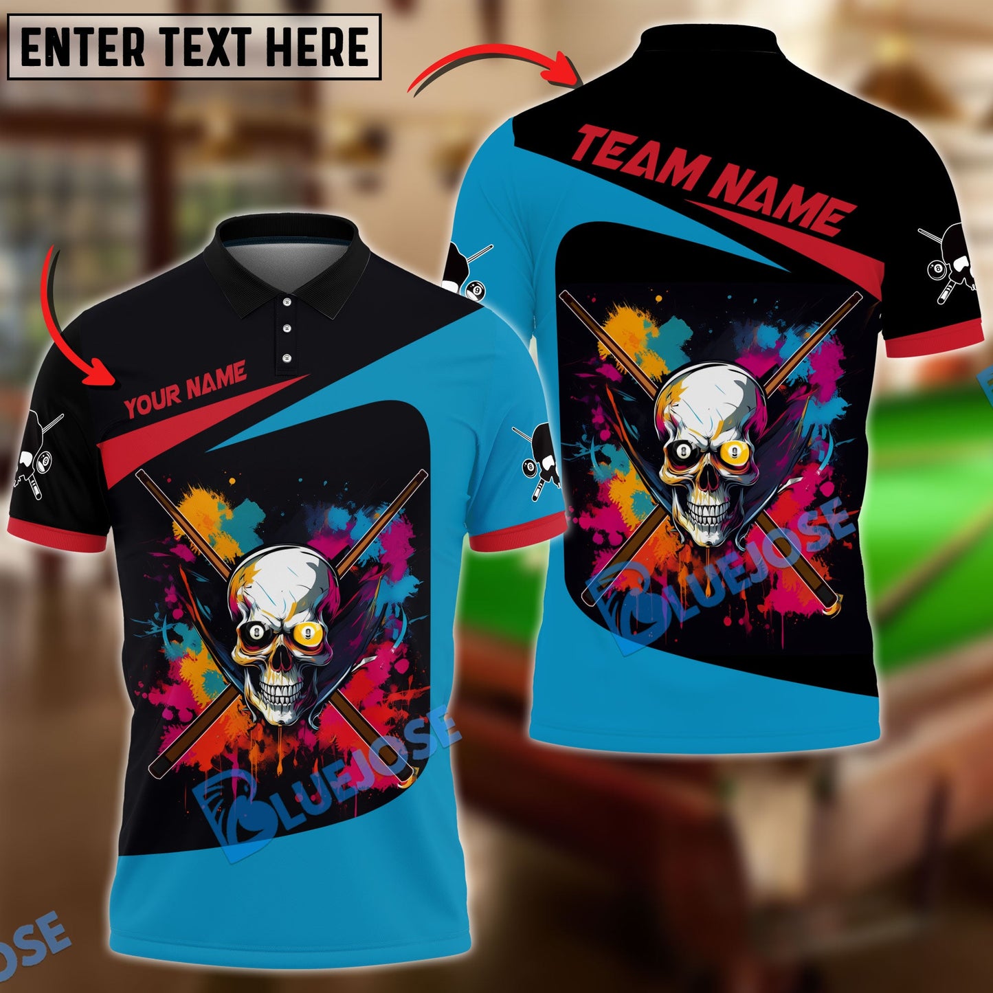 Frenzidea Billiards Colorful Skull Personalized Name, Team Name Shirt