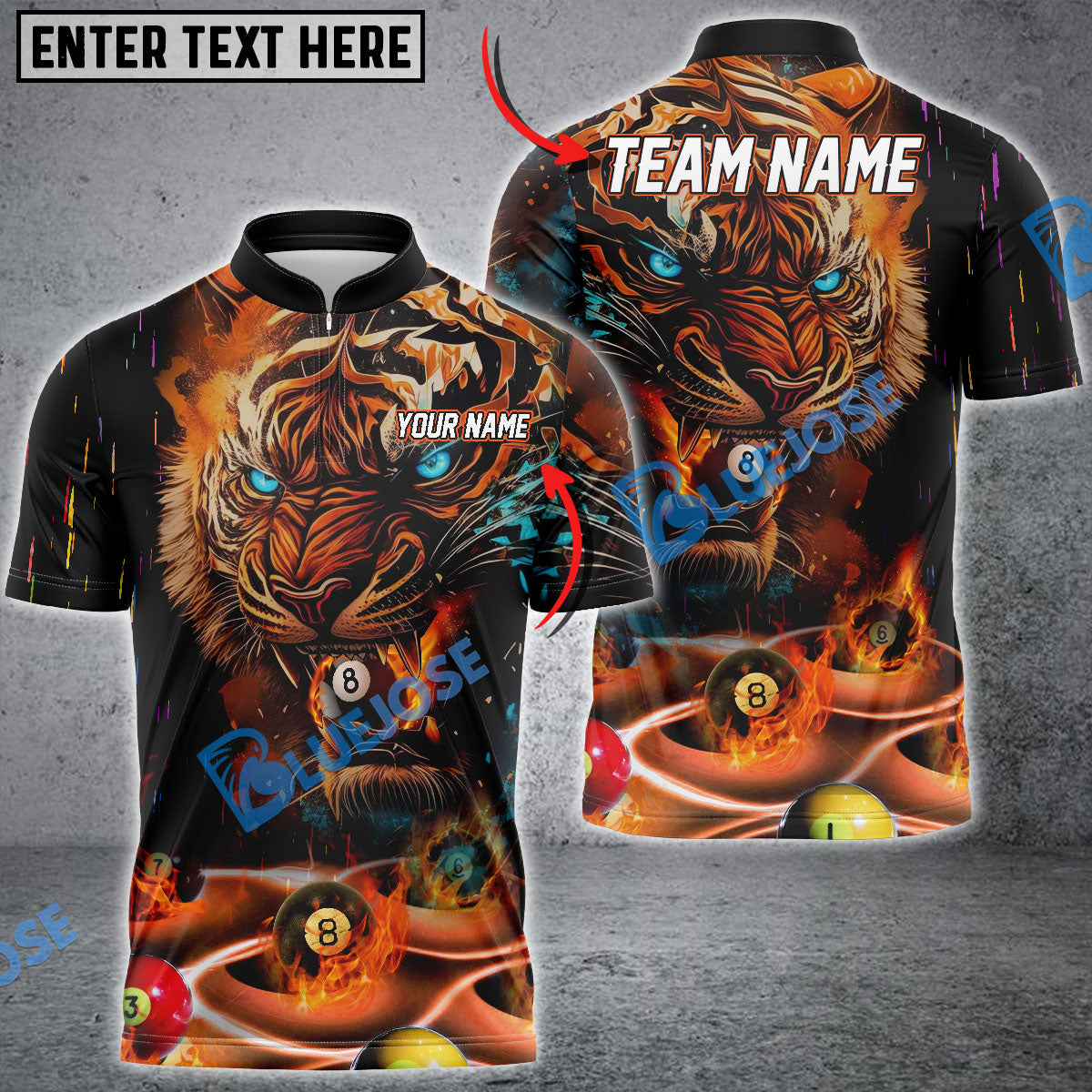 Frenzidea Billiards Fire Tiger Premium Personalized Name, Team Name Unisex Shirt
