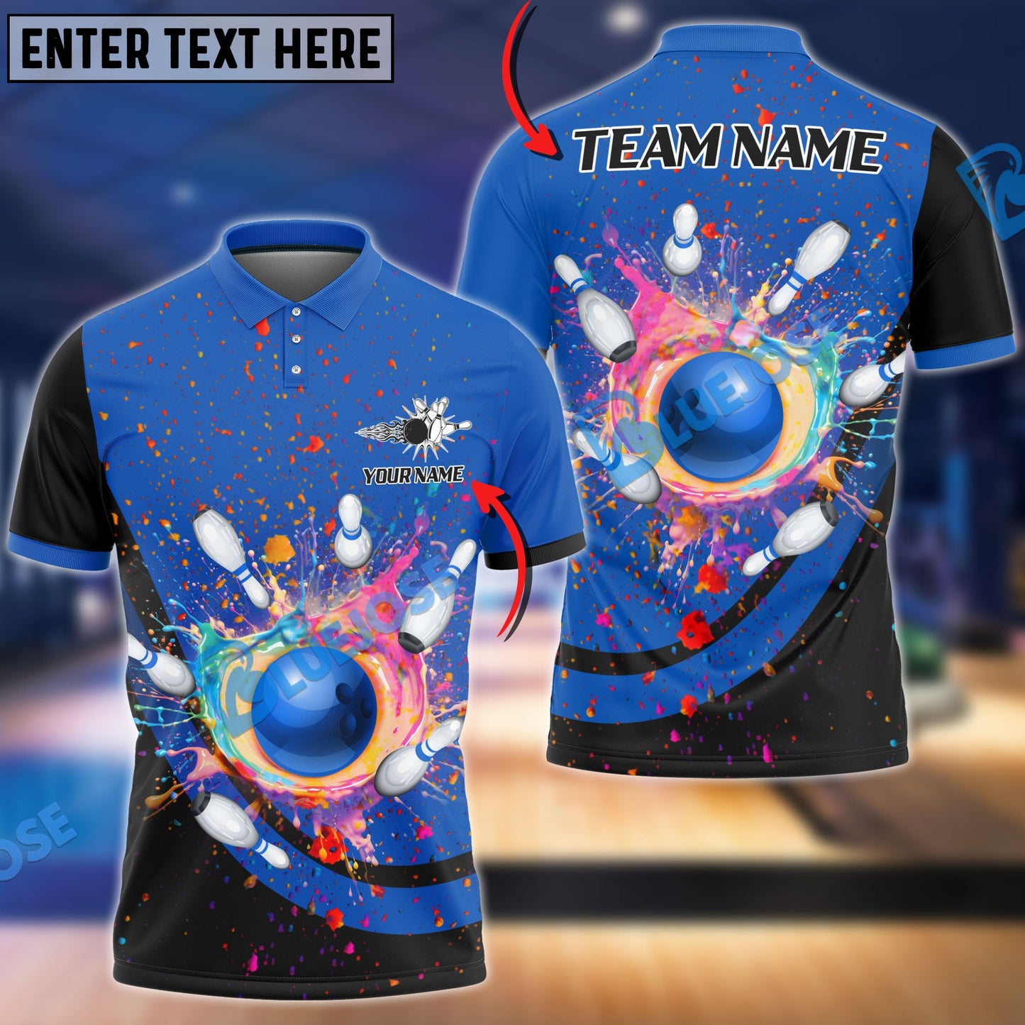 Frenzideas Bowling and Pins Curve Colorful Land Customized Name, Team Name 3D Shirt (5 Colors)