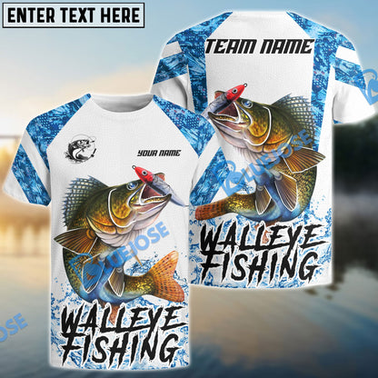 Frenzidea Walleye Fishing Blue Camo White Pattern Sport Custom Name & Team Name 3D Shirts