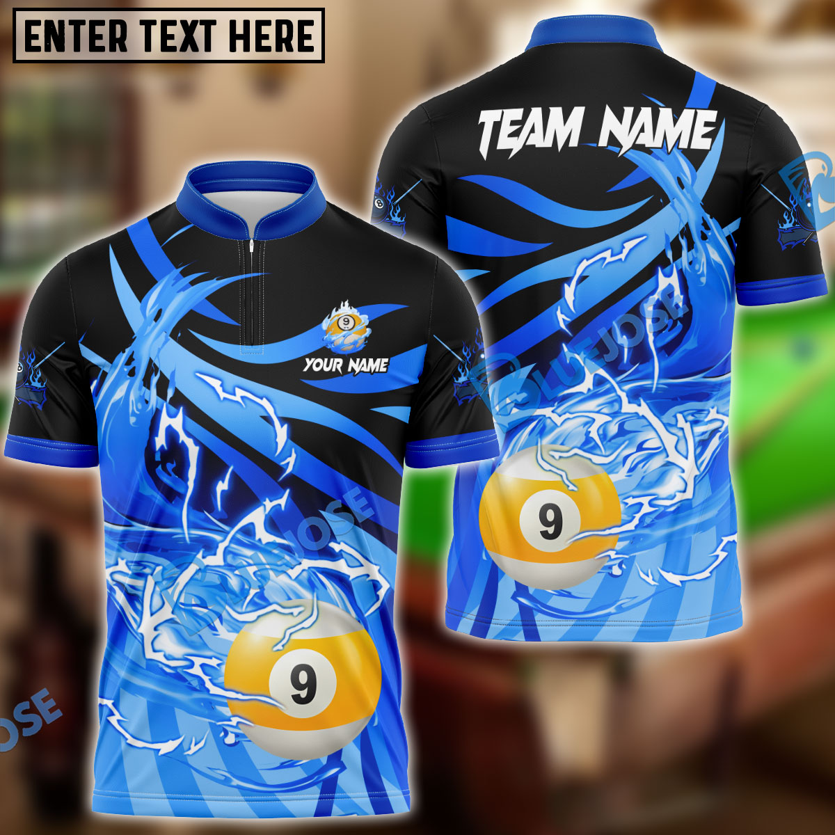 Frenzidea Billiards 9 Ball Thunder Flame Strike Personalized Name, Team Name Unisex Shirt ( 4 Colors )