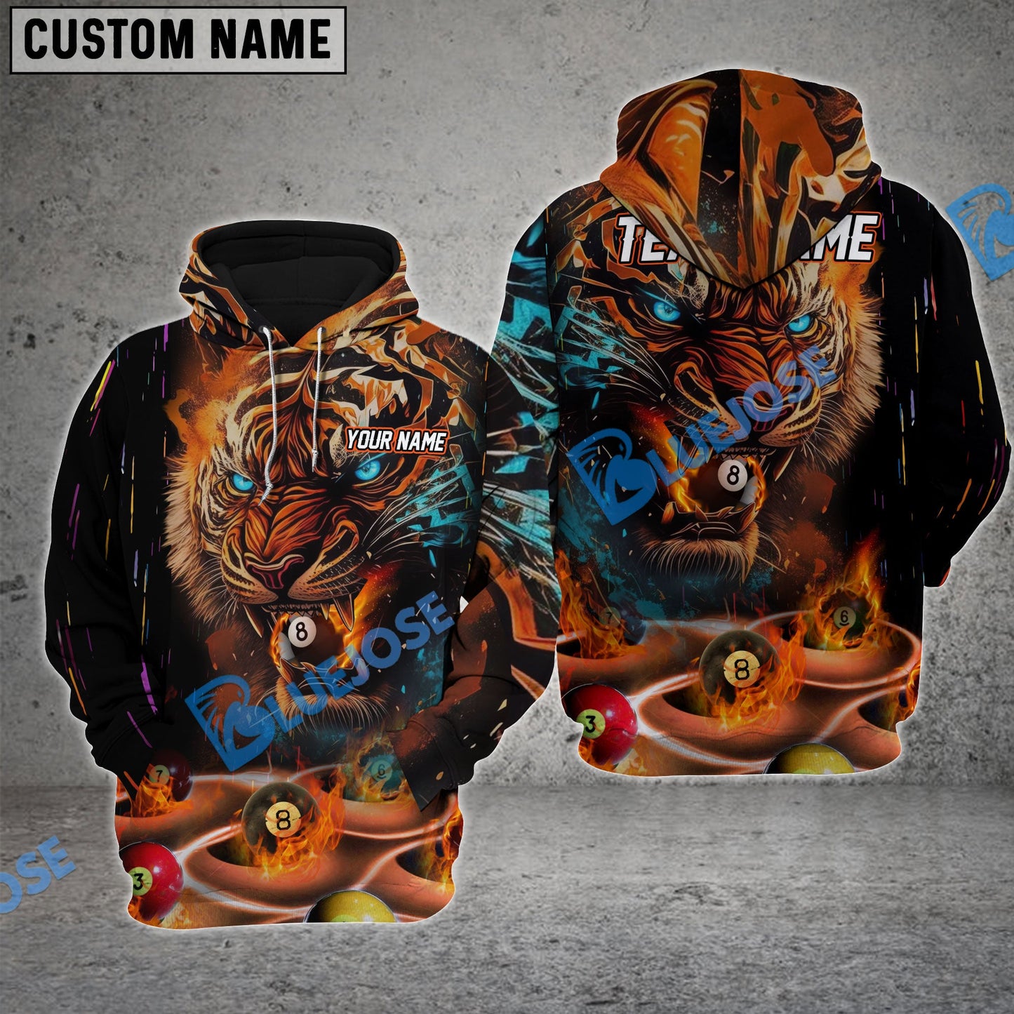 Frenzidea Billiards Fire Tiger Premium Personalized Name, Team Name Unisex Shirt