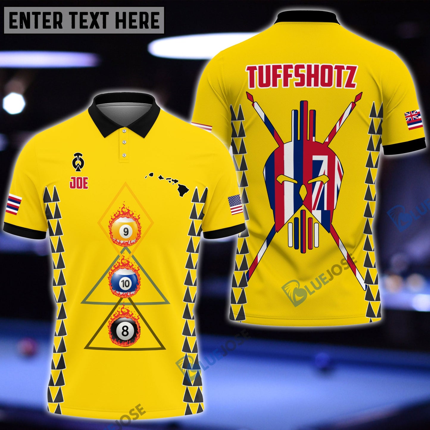 Frenzidea Version 2 Billiards Hawaii & USA Flag Personalized Name, Team Name Polo Shirt