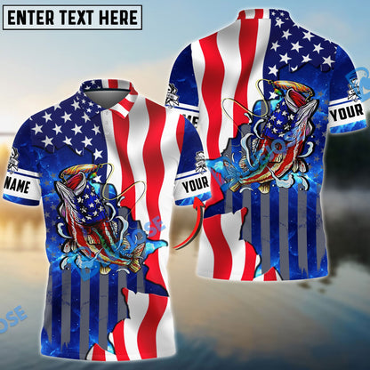 Frenzidea Bass Fishing American Flag Patriotic Custom Name 3D Shirts