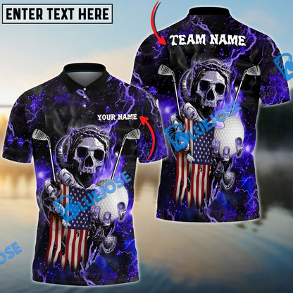 Frenzidea Golf Fire Skull US Flag Customized Name, Team Name 3D Shirts (6 Colors)