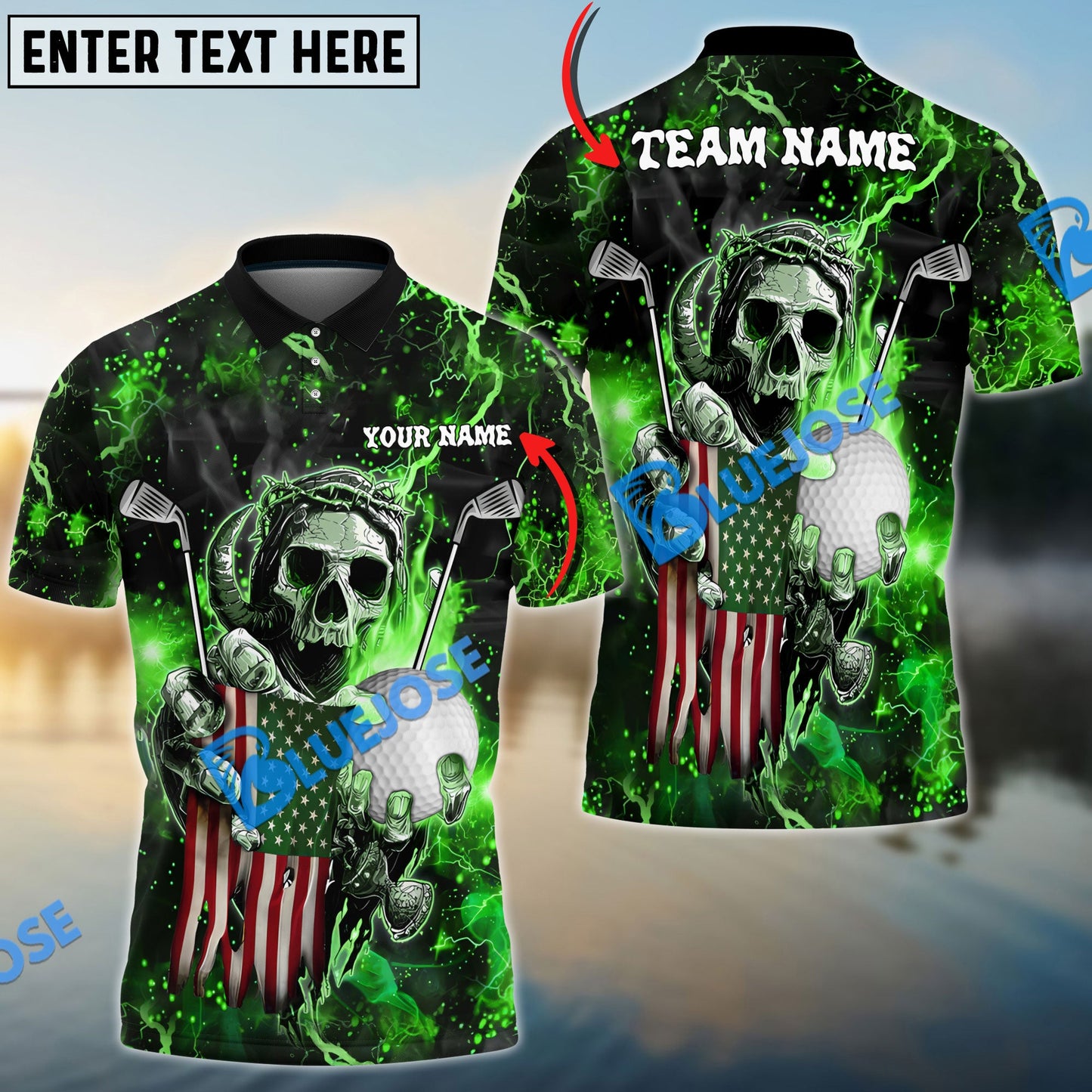 Frenzidea Golf Fire Skull US Flag Customized Name, Team Name 3D Shirts (6 Colors)