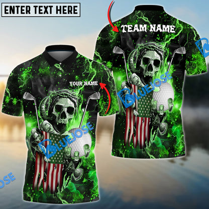 Frenzidea Golf Fire Skull US Flag Customized Name, Team Name 3D Shirts (6 Colors)