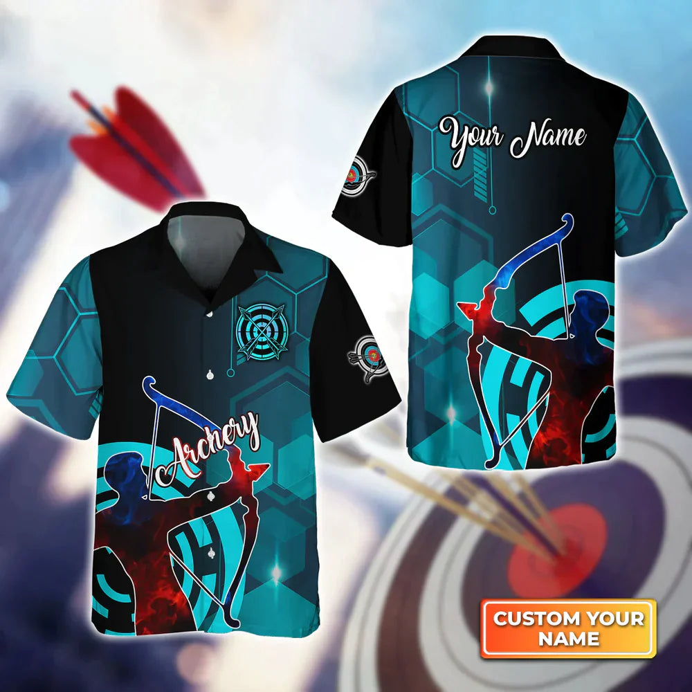 Frenzidea Archery Watercolor Short Sleeve Shirts Personalized Name 3D Target Bow Hawaiian Shirt