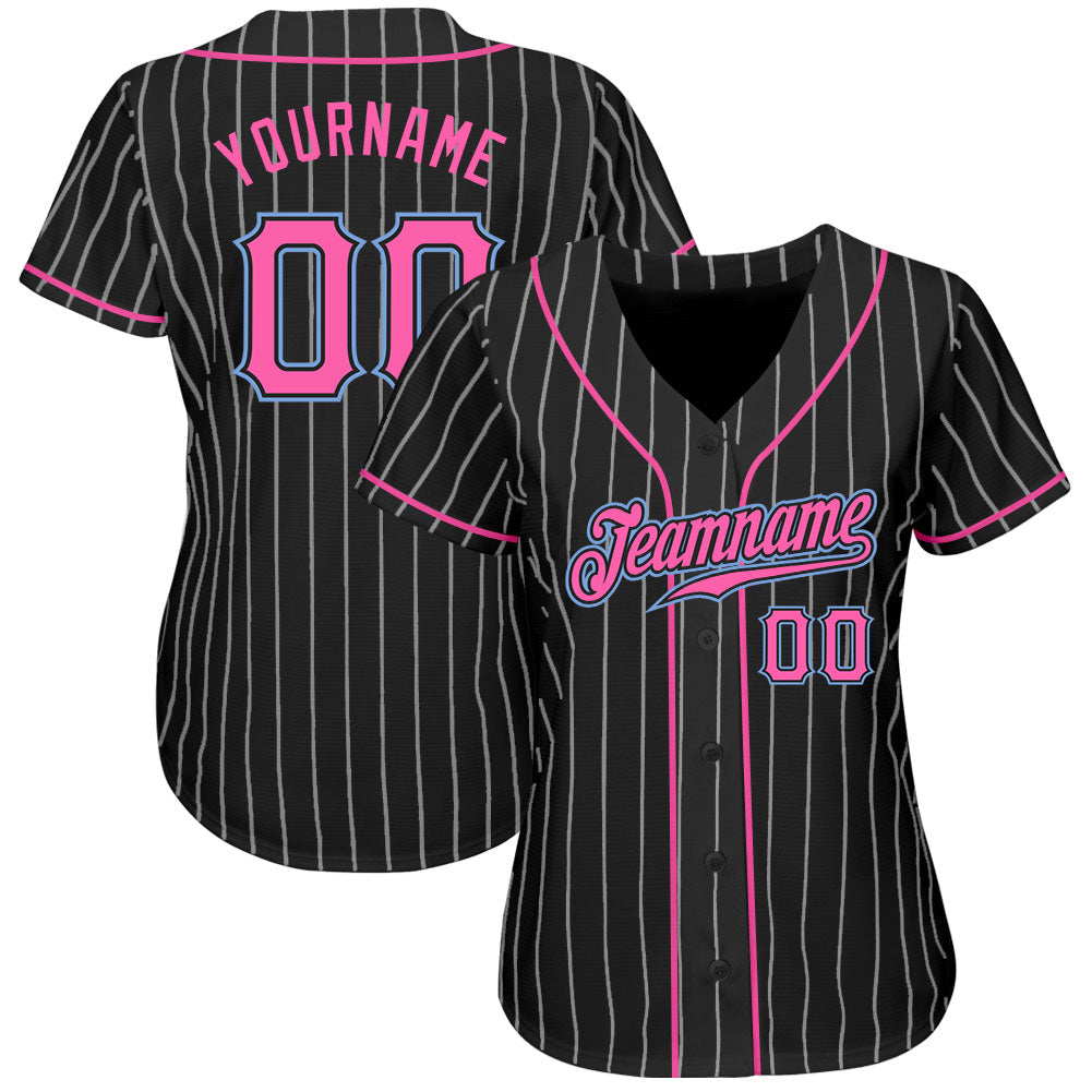 Frenzidea Custom Black White Pinstripe Pink-Light Blue Authentic Baseball Jersey