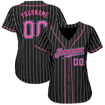 Frenzidea Custom Black White Pinstripe Pink-Light Blue Authentic Baseball Jersey