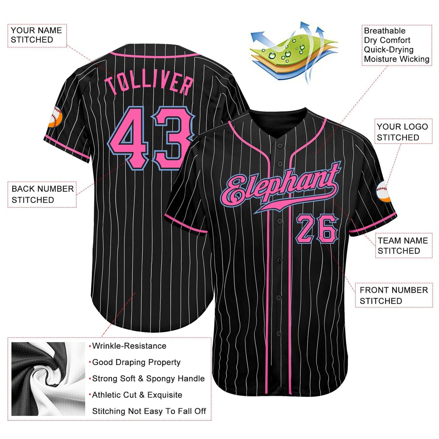 Frenzidea Custom Black White Pinstripe Pink-Light Blue Authentic Baseball Jersey