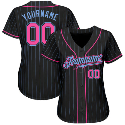 Frenzidea Custom Black Light Blue Pinstripe Pink-Light Blue Authentic Baseball Jersey