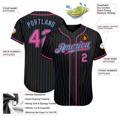 Frenzidea Custom Black Light Blue Pinstripe Pink-Light Blue Authentic Baseball Jersey
