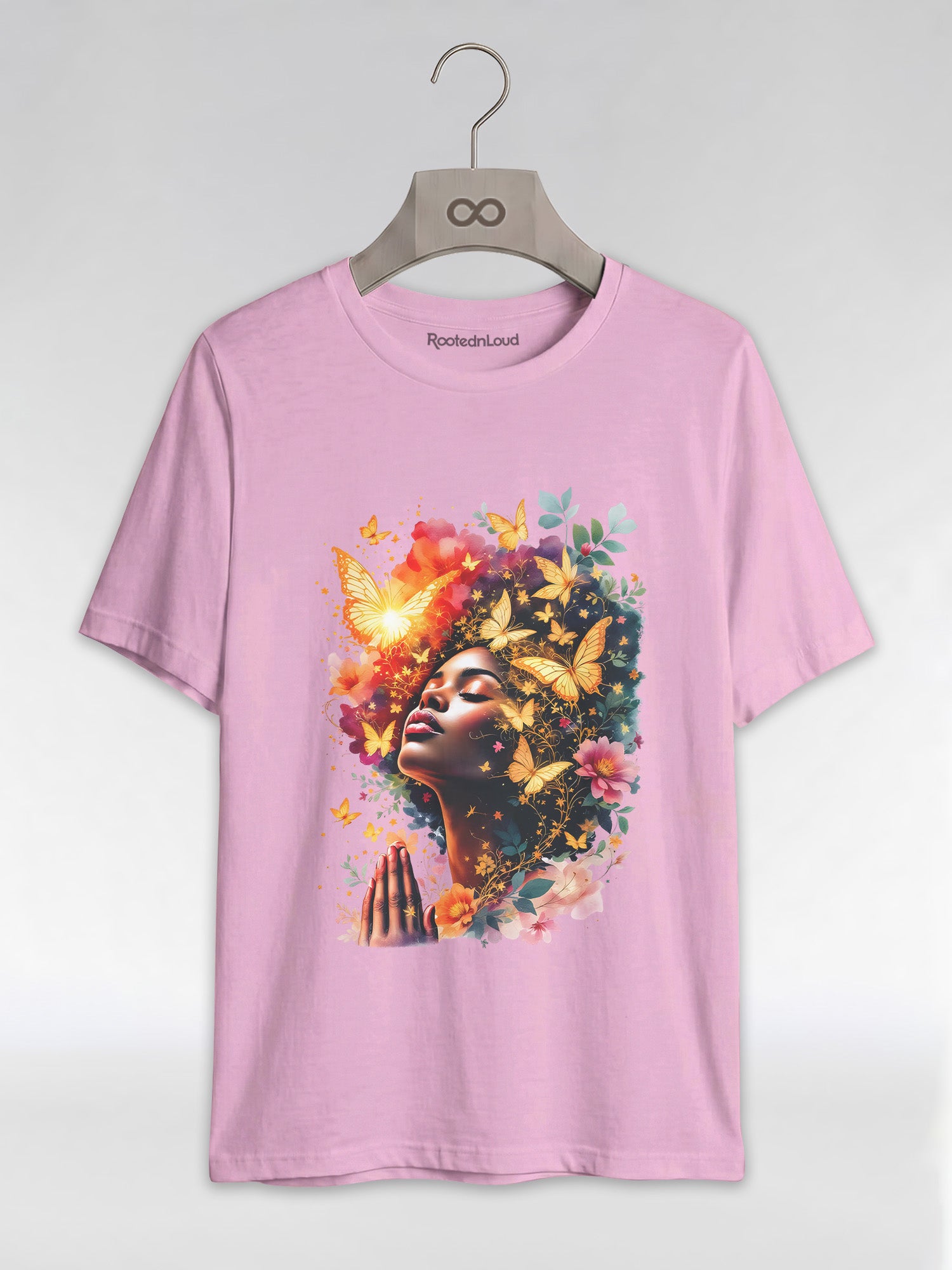 Praying Black Queen: Ethereal Floral Butterfly Graphic T-Shirt - RootednLoud