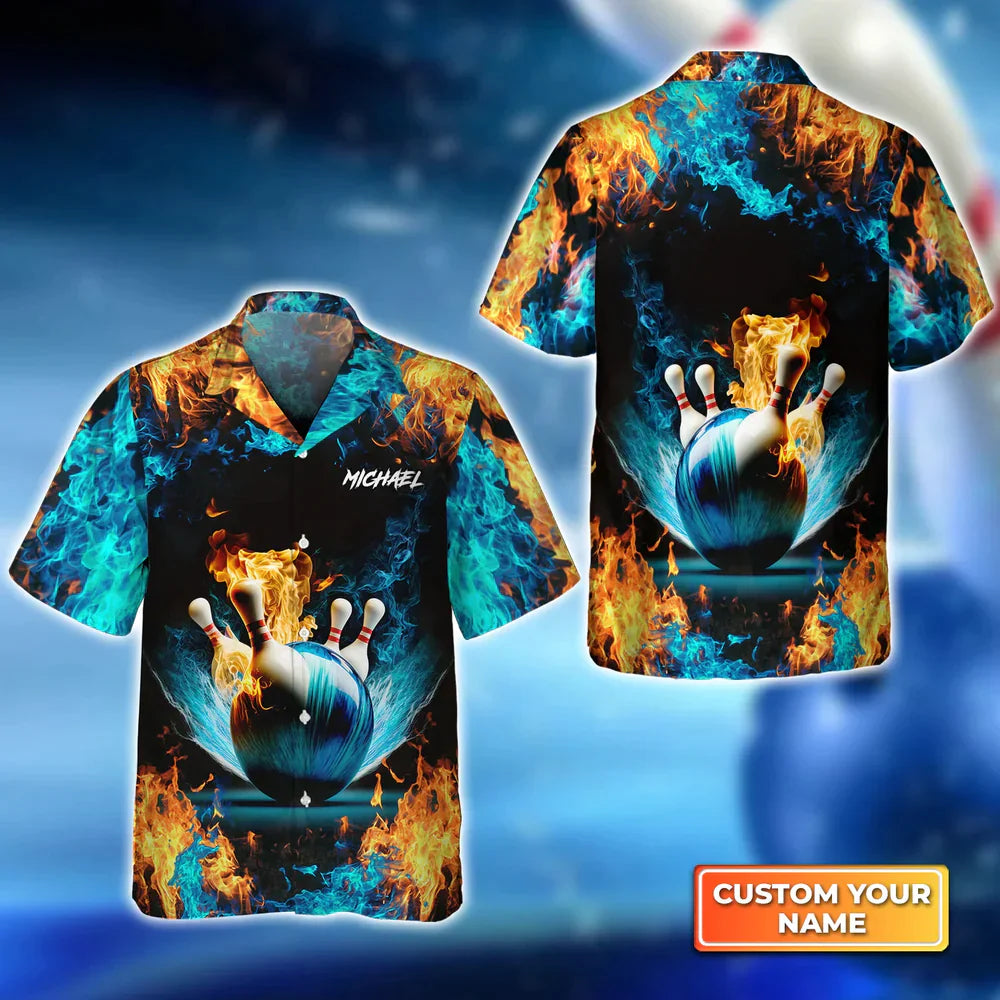 Frenzideas Bowling Ball And Pins On Fire Personalized Name Hawaiian Shirts