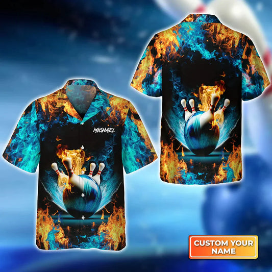 Frenzideas Bowling Ball And Pins On Fire Personalized Name Hawaiian Shirts