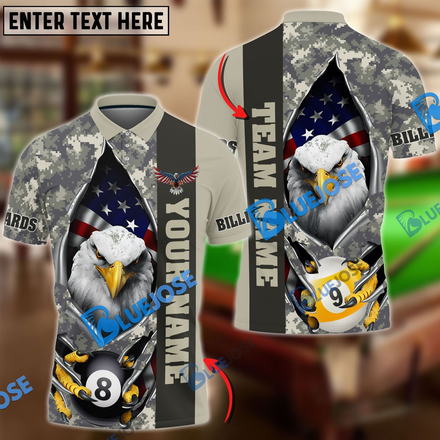 Frenzidea Billiards Ball 8 And 9 American Eagle Camo Personalized Name, Team Name Unisex Shirt ( 4 Colors )