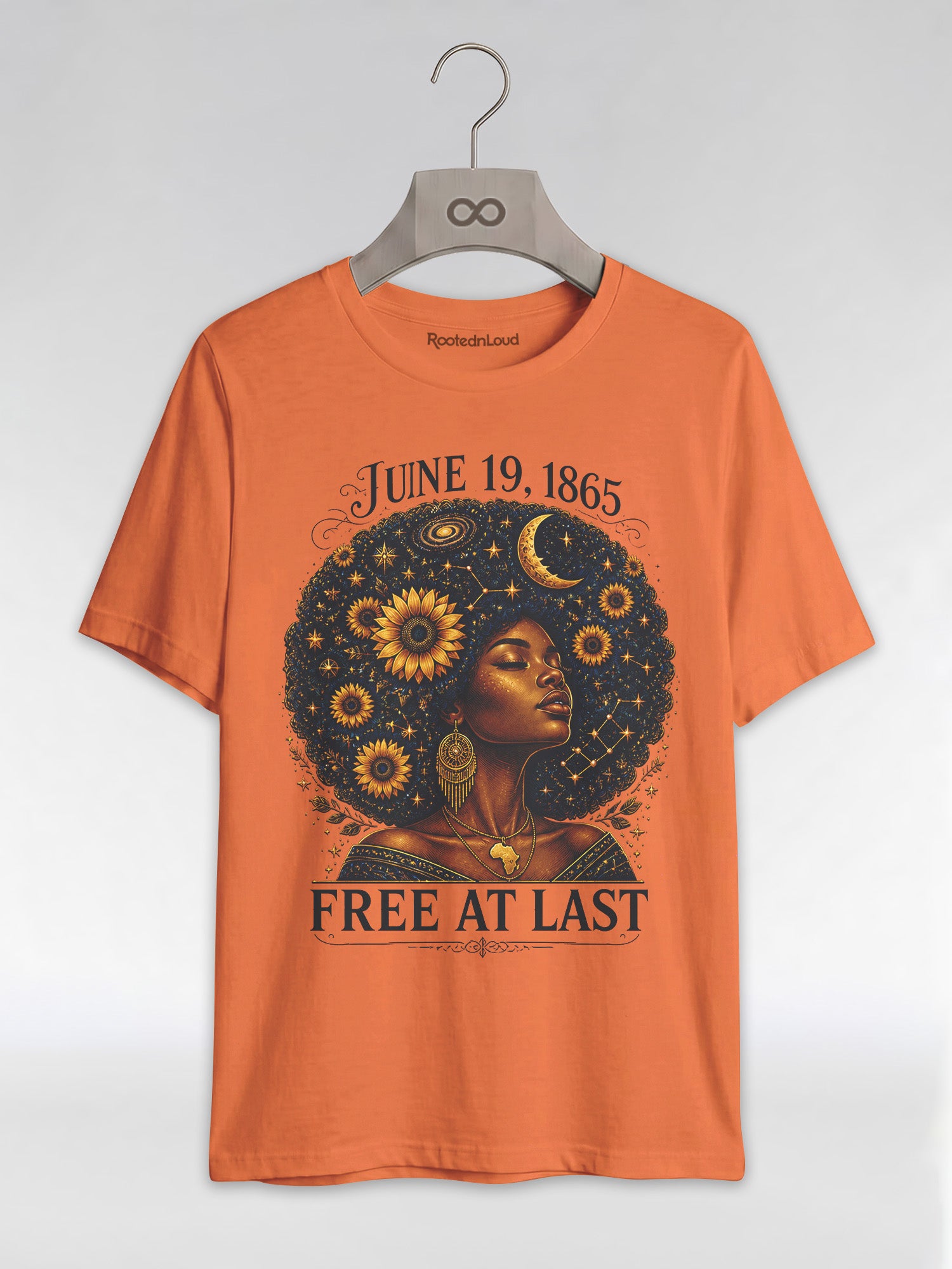 Free At Last Juneteenth: Celestial Afro Melanin Queen Graphic T-Shirt - RootednLoud