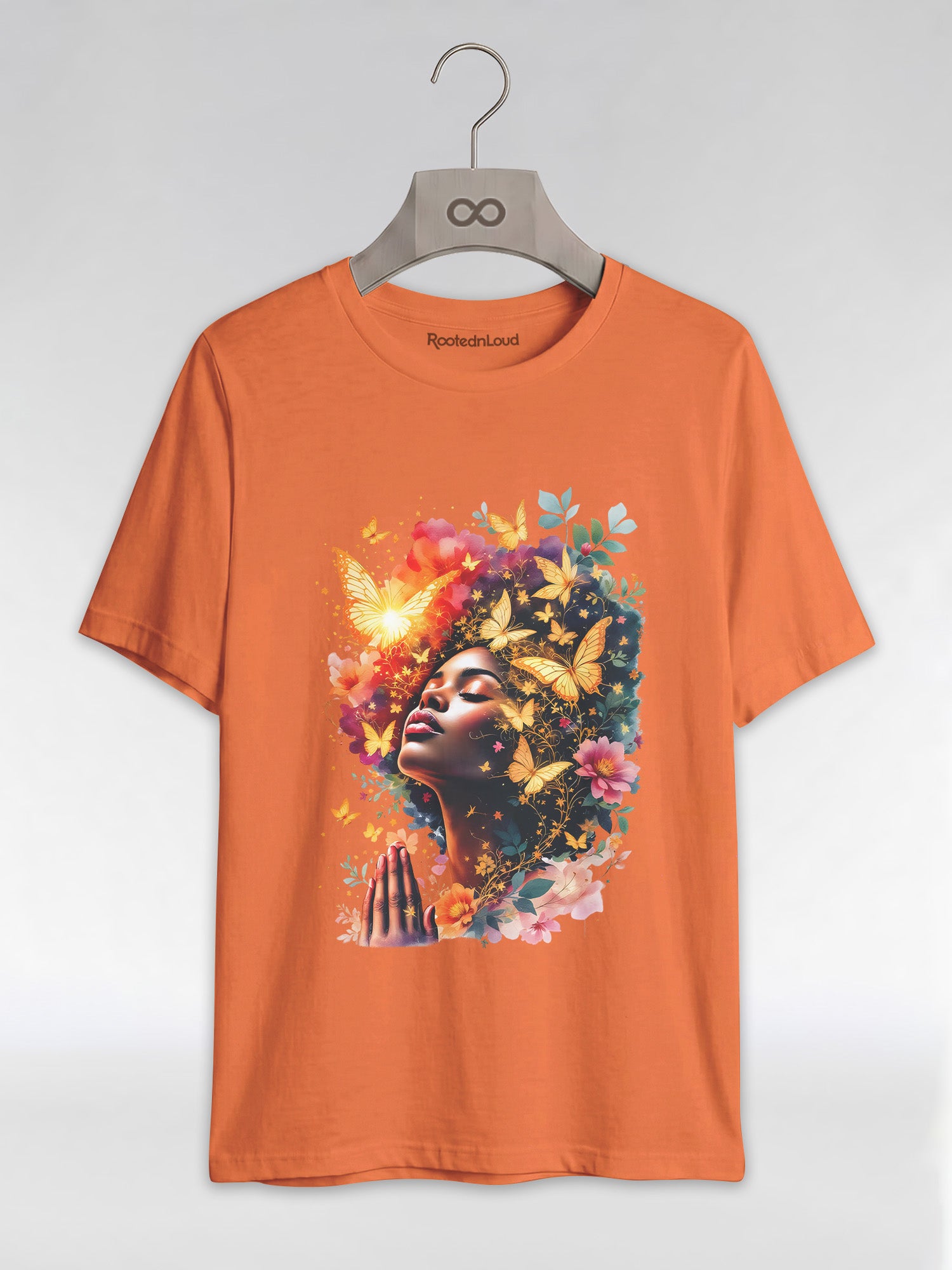 Praying Black Queen: Ethereal Floral Butterfly Graphic T-Shirt - RootednLoud