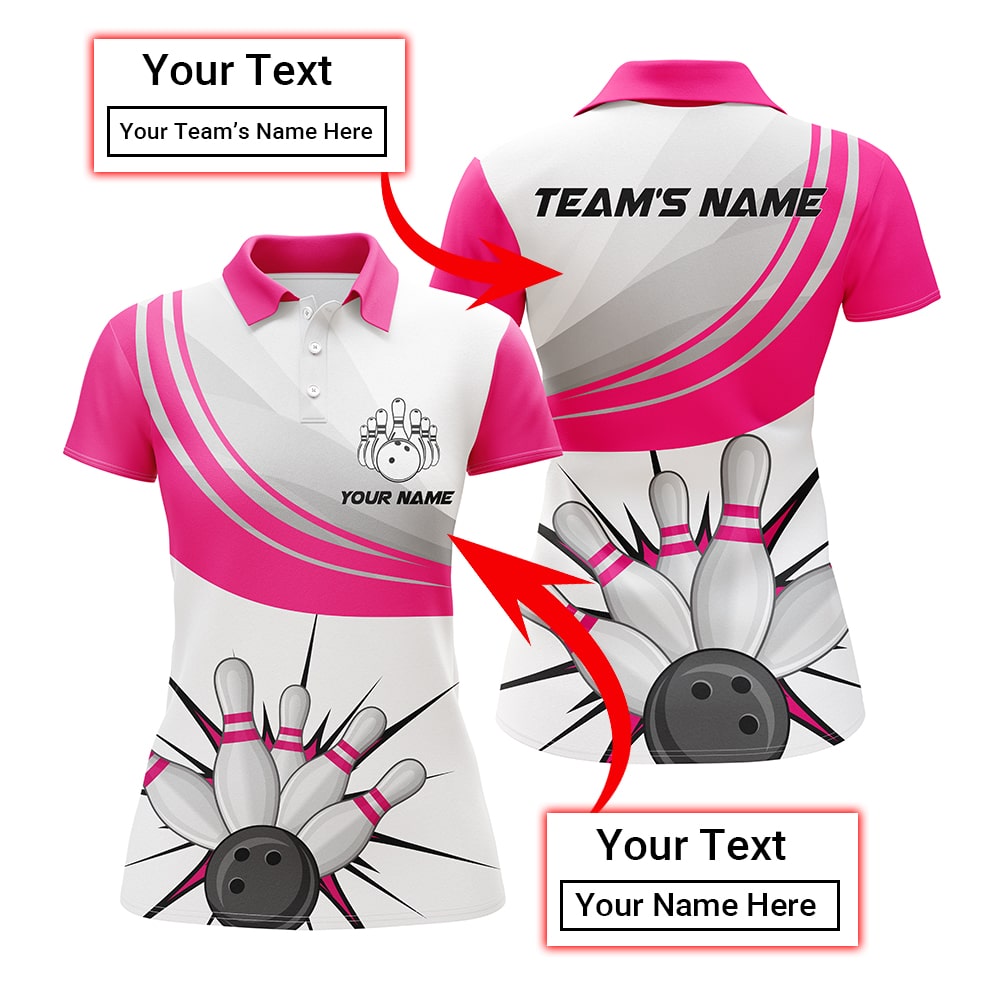 Frenzideas Pink Bowling Ball & Pins Classic Customized Name All Over Printed Shirt For Women