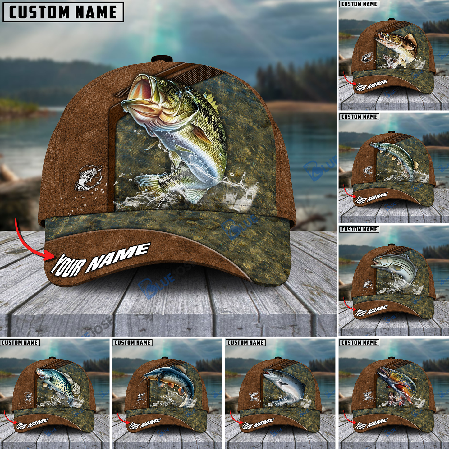 Frenzidea Fishing Leather Pattern Personalized Cap (Bass, Striped Bass, Catfish, Trout, Crappie, Salmon, Walleye, Pike)