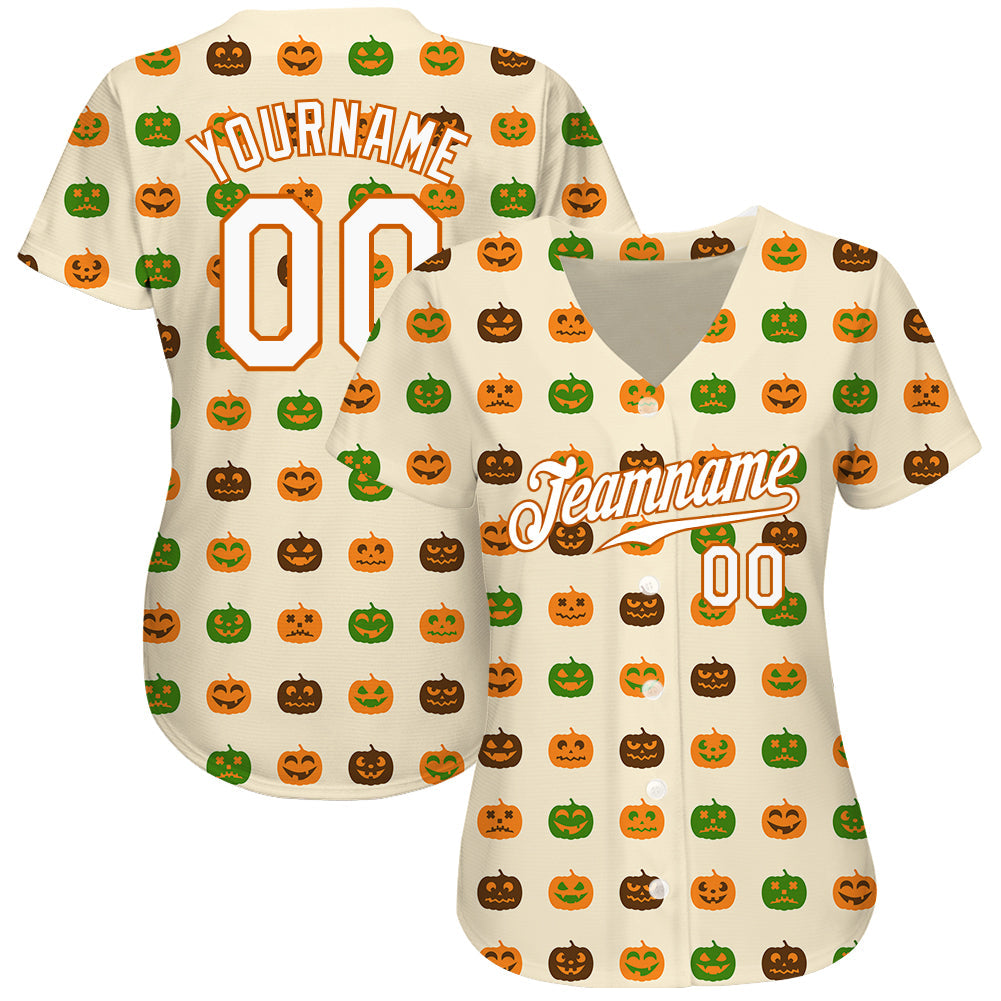 Frenzidea Custom Cream White-Texas Orange 3D Pattern Design Halloween Pumpkins Baseball Jersey