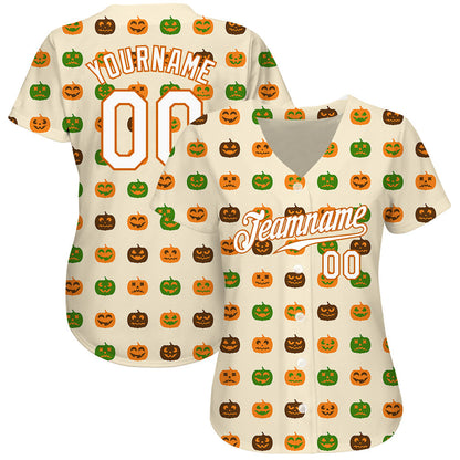 Frenzidea Custom Cream White-Texas Orange 3D Pattern Design Halloween Pumpkins Baseball Jersey