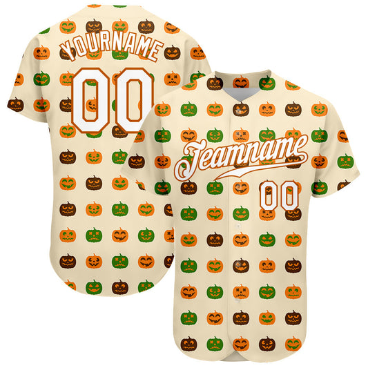 Frenzidea Custom Cream White-Texas Orange 3D Pattern Design Halloween Pumpkins Baseball Jersey