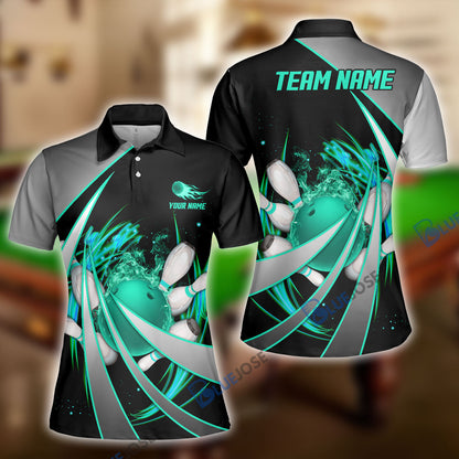 Frenzideas Flame Bowling And Pins Tornado Pattern Multicolor Customized Name 3D Shirt for Women