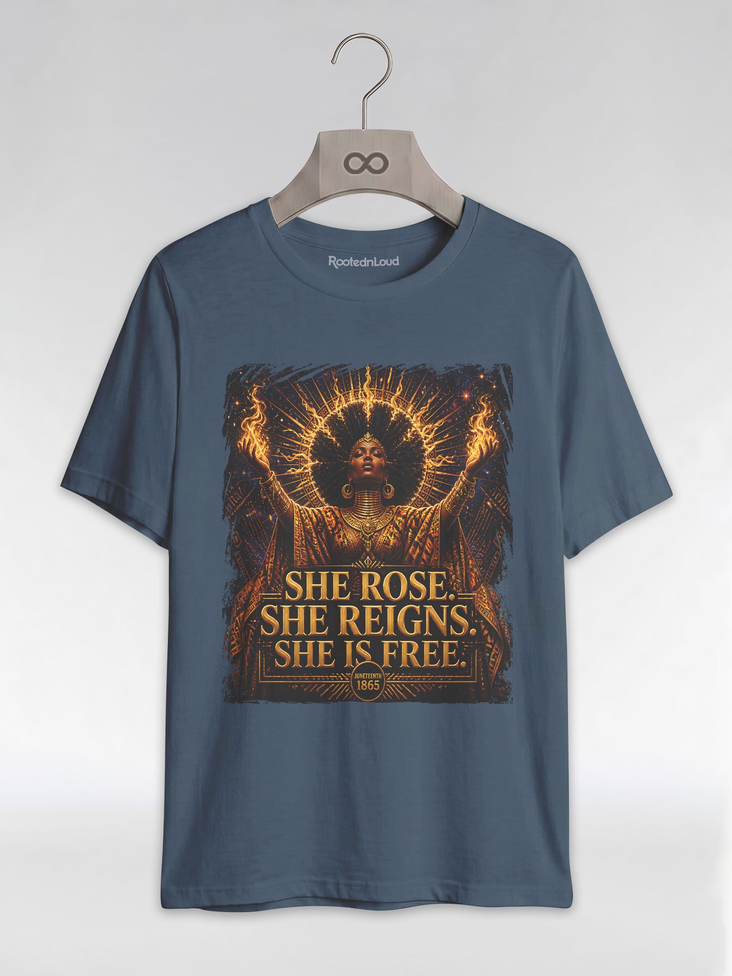 She Rose She Reigns She Is Free: Juneteenth Goddess Graphic T-Shirt - RootednLoud