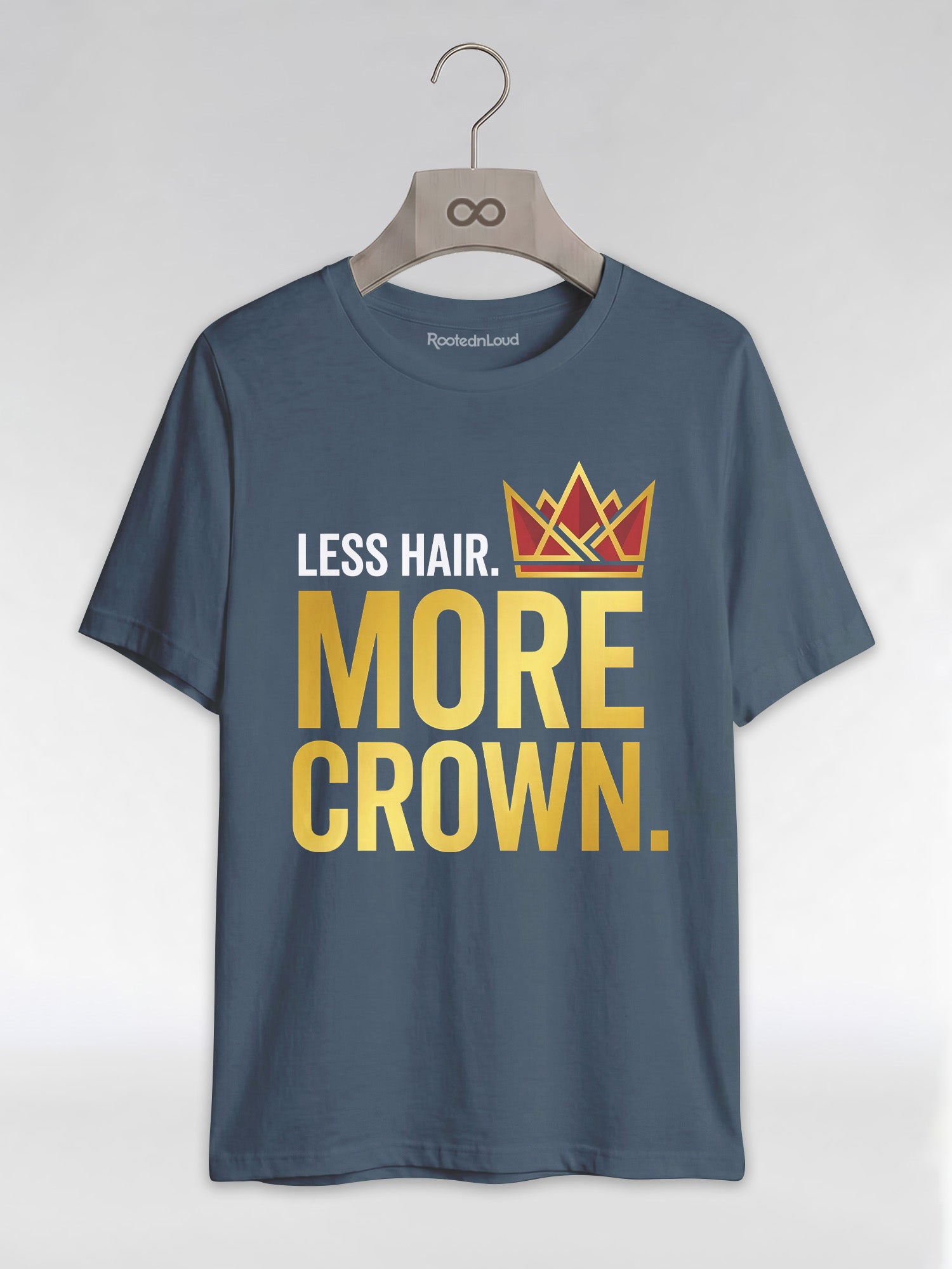 Bald & Proud: Less Hair More Crown Golden Typography Graphic T-Shirt - RootednLoud