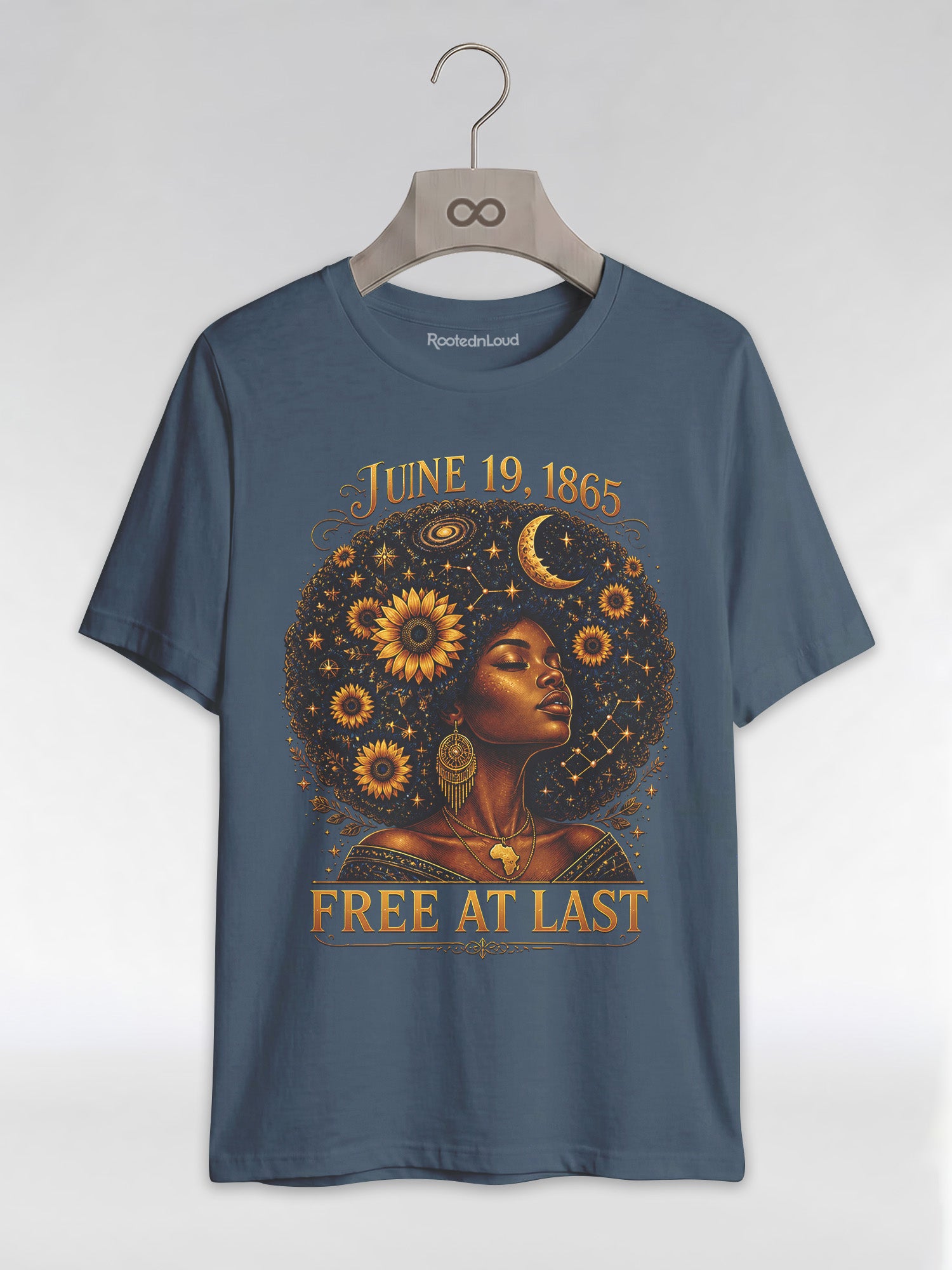 Free At Last Juneteenth: Celestial Afro Melanin Queen Graphic T-Shirt - RootednLoud