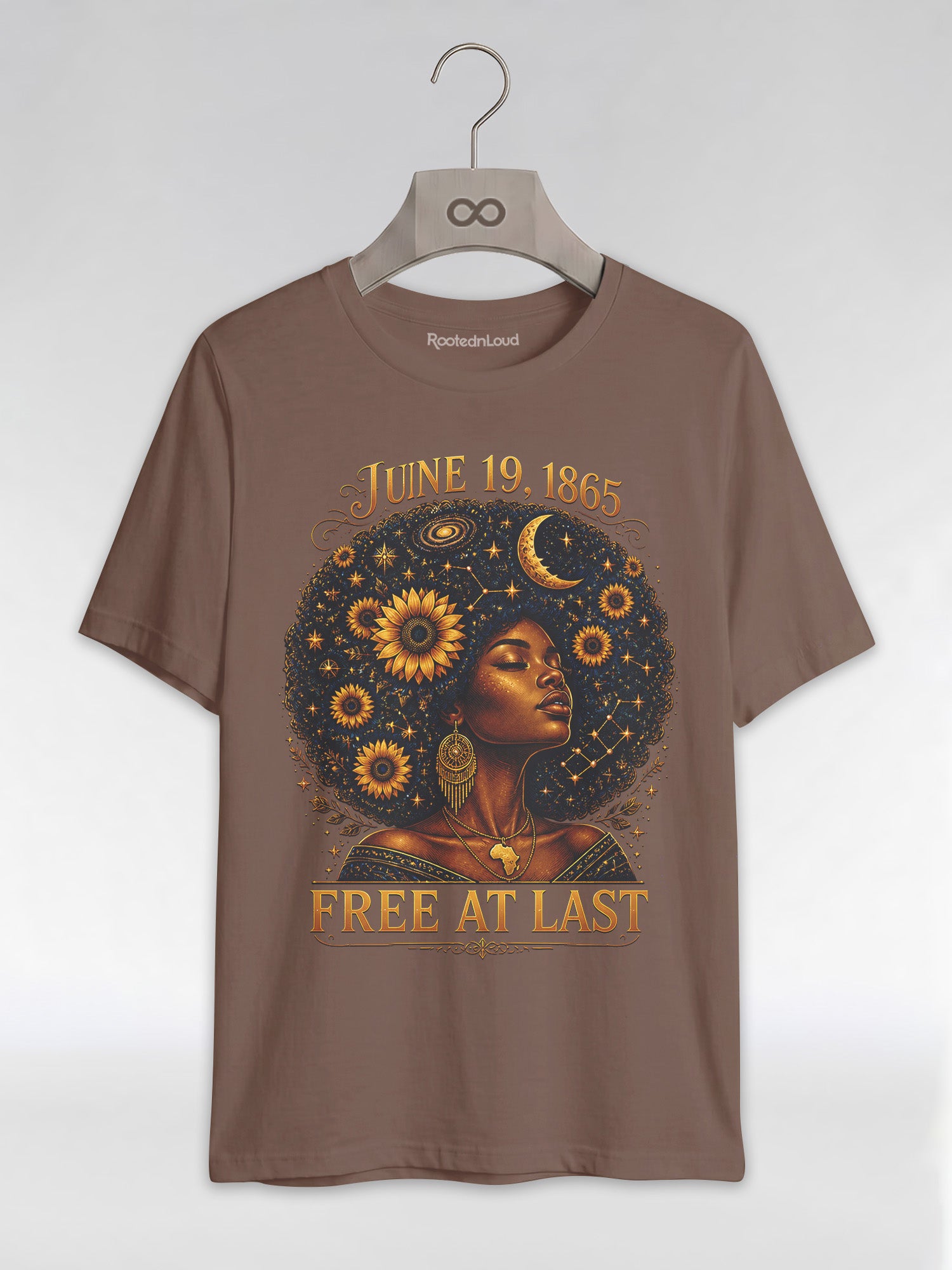 Free At Last Juneteenth: Celestial Afro Melanin Queen Graphic T-Shirt - RootednLoud