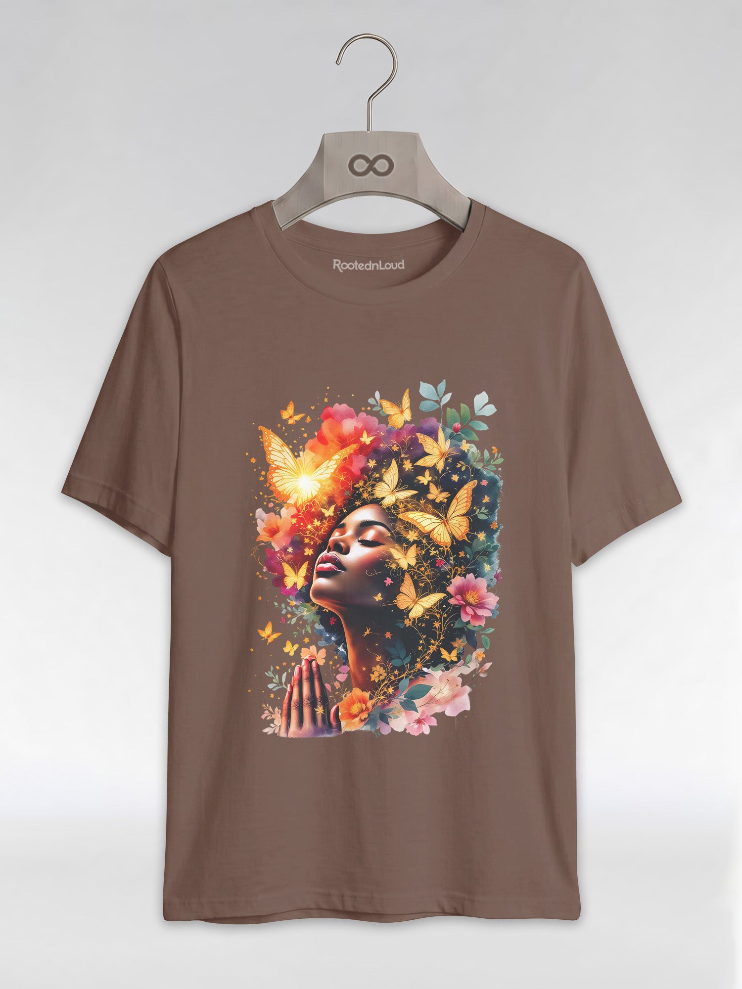 Praying Black Queen: Ethereal Floral Butterfly Graphic T-Shirt - RootednLoud