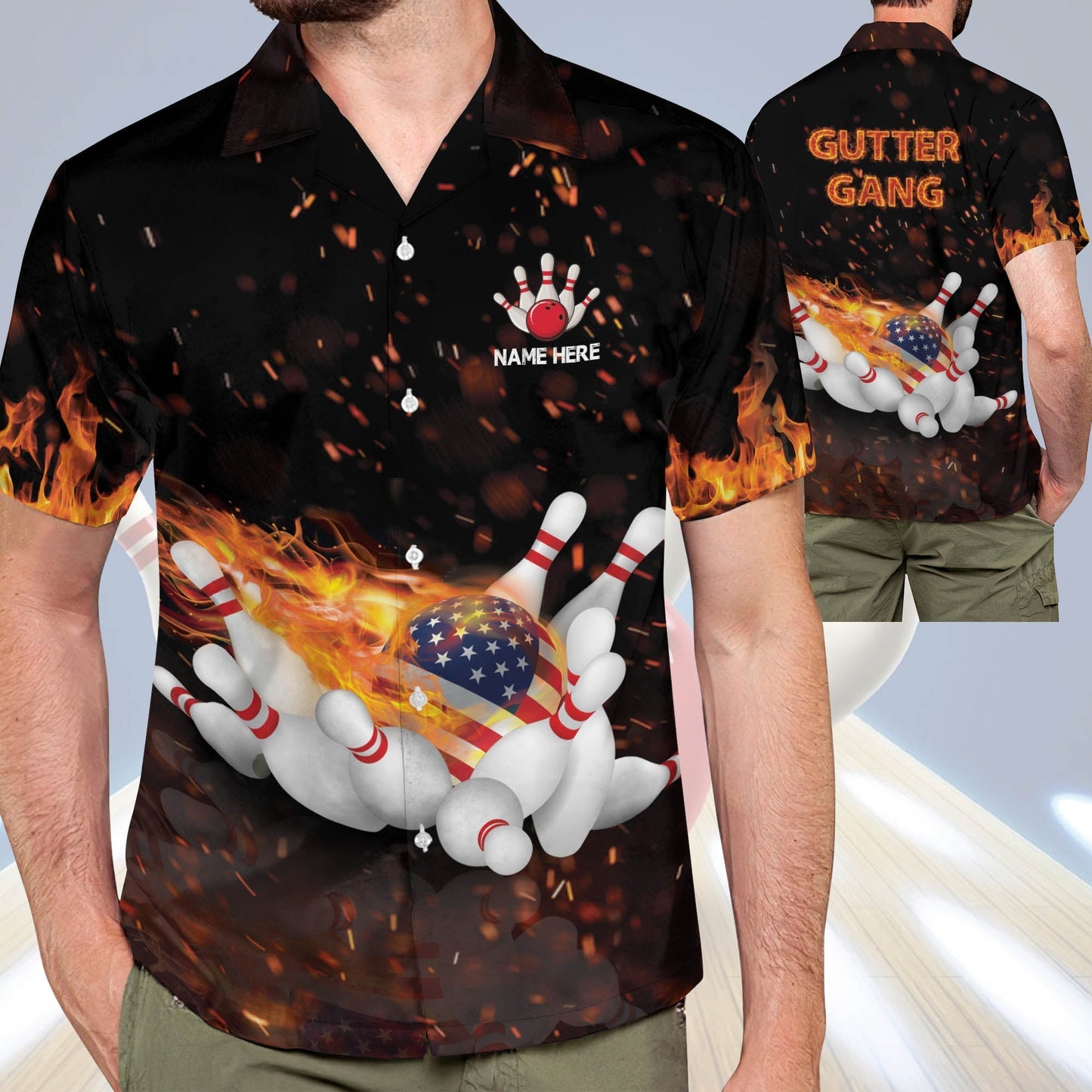 Frenzideas Flame Bowling Gutter Gang Personalized Name Hawaiian Shirt