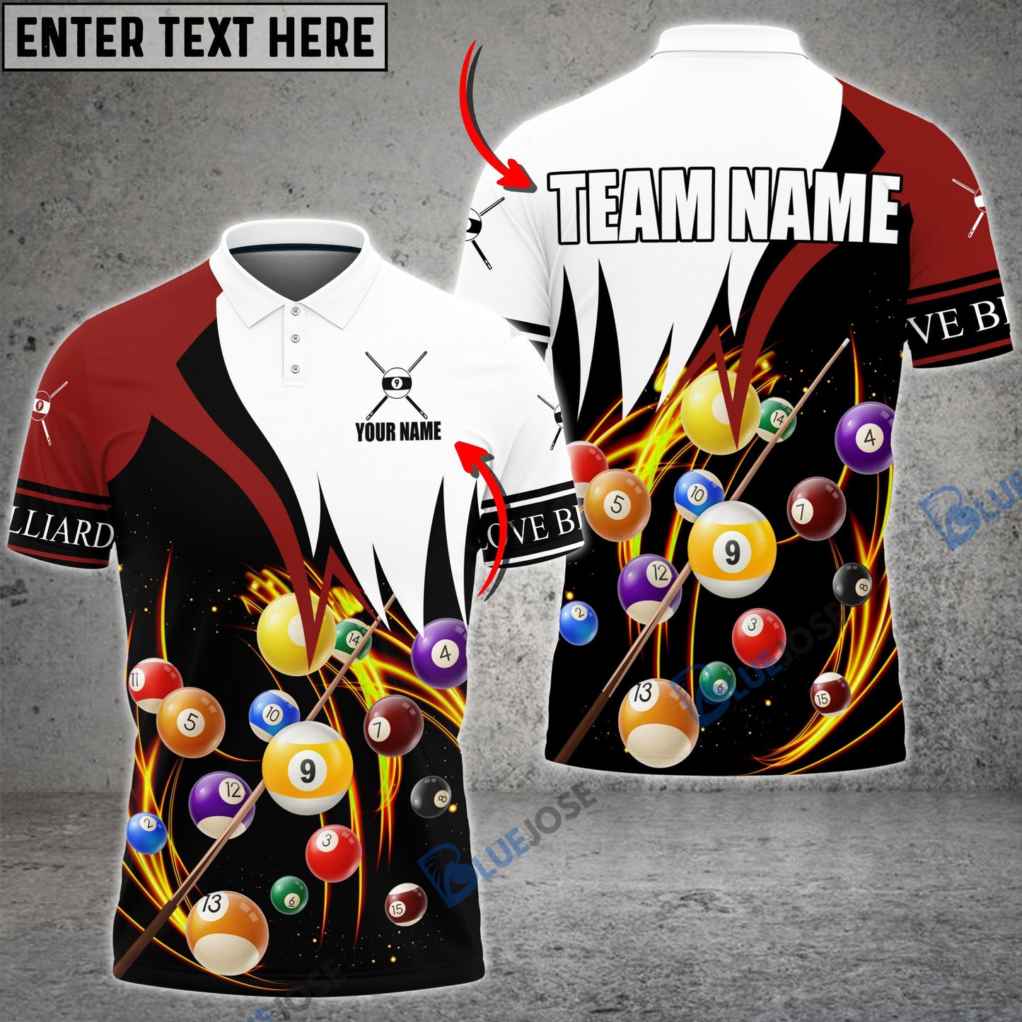 Frenzidea Billiard Red & White 9-Ball Personalized Name, Team Name Shirt