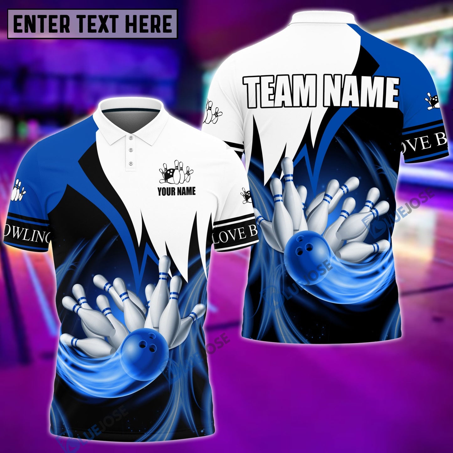 Frenzidea Bowling and Pins Color & White Personalized Name, Team Name Unisex Shirt (4 Colors)