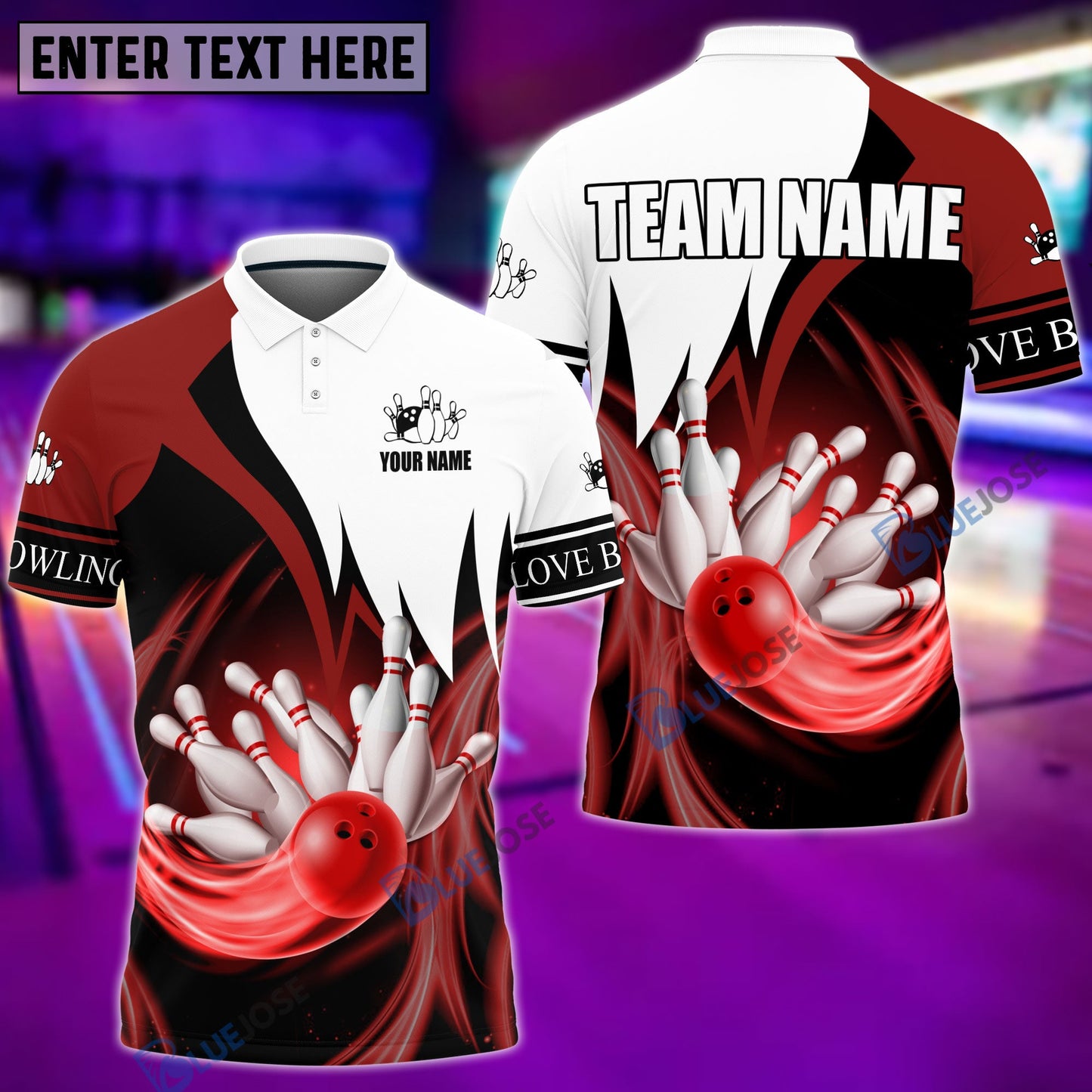 Frenzidea Bowling and Pins Color & White Personalized Name, Team Name Unisex Shirt (4 Colors)