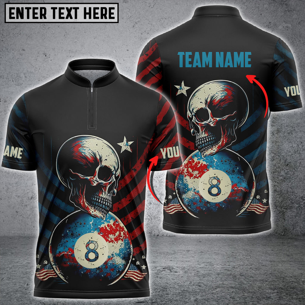 Frenzidea Billiards American Flag Skull 8 Ball Personalized Name, Team Name 3D Shirts