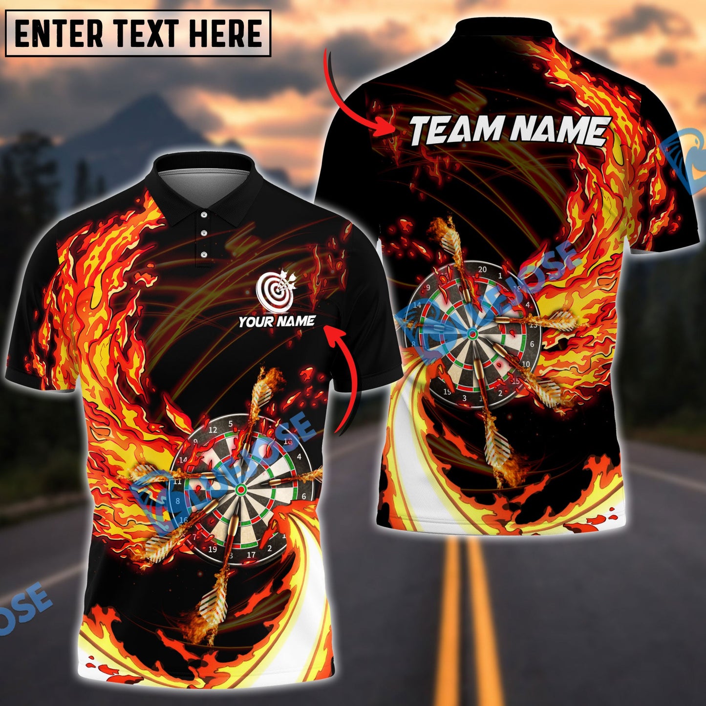 Frenzidea Breath Of Fire Darts Personalized Name, Team Name Polo Shirt (4 Colors)