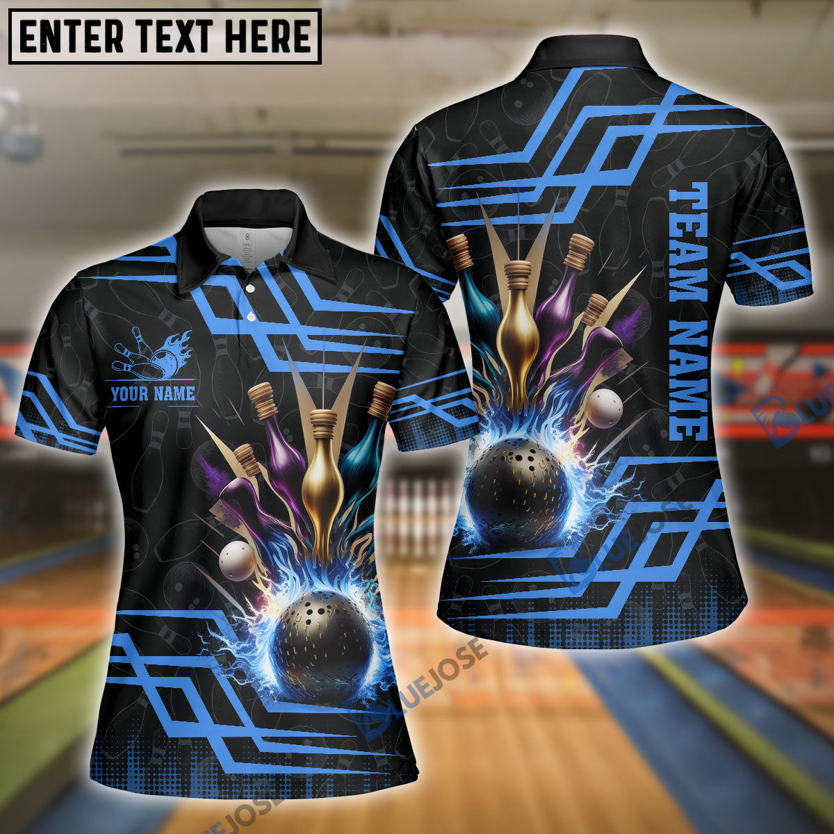 Frenzideas Bowling And Pins Royal Multicolor Option Customized Name 3D Shirt for Women (4 Colors)