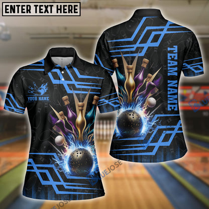 Frenzideas Bowling And Pins Royal Multicolor Option Customized Name 3D Shirt for Women (4 Colors)
