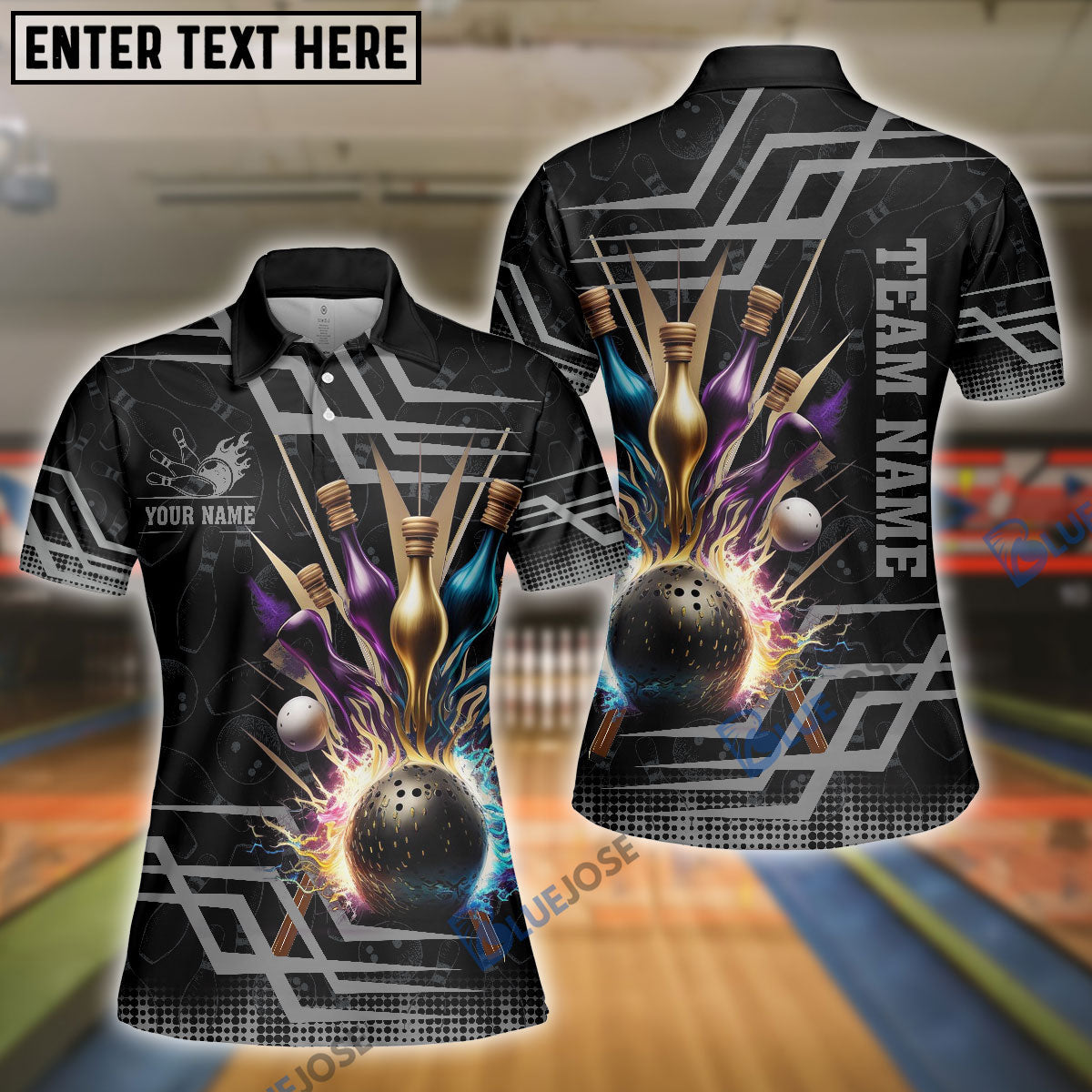 Frenzideas Bowling And Pins Royal Multicolor Option Customized Name 3D Shirt for Women (4 Colors)