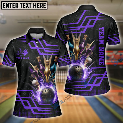 Frenzideas Bowling And Pins Royal Multicolor Option Customized Name 3D Shirt for Women (4 Colors)