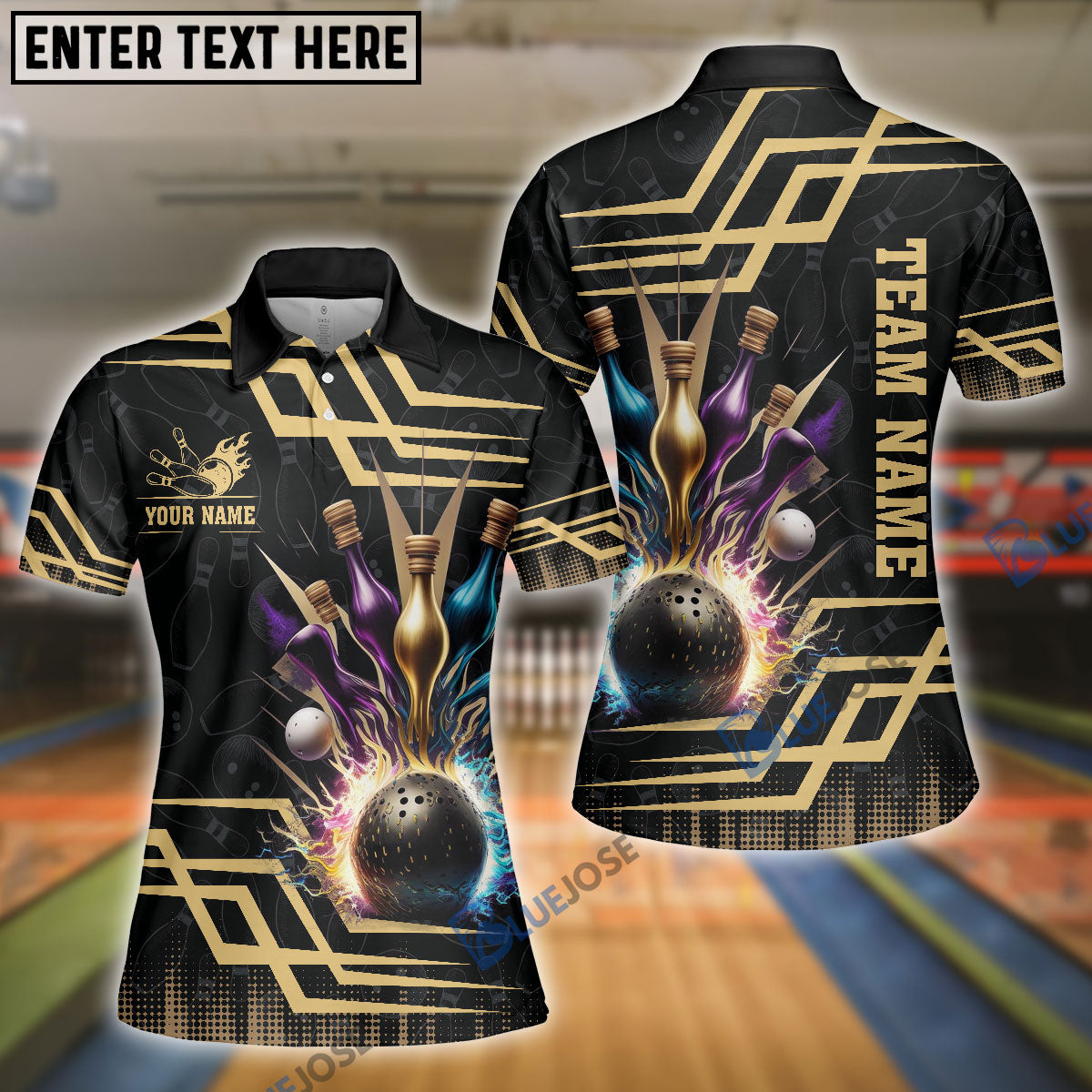 Frenzideas Bowling And Pins Royal Multicolor Option Customized Name 3D Shirt for Women (4 Colors)