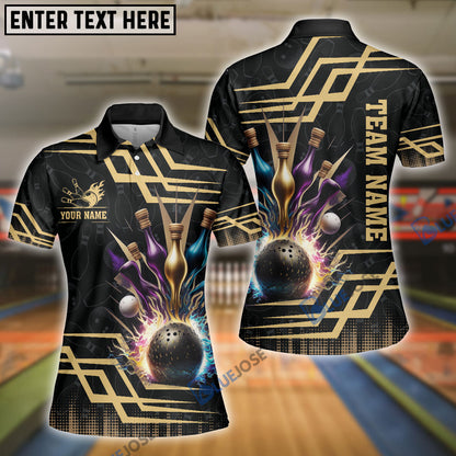 Frenzideas Bowling And Pins Royal Multicolor Option Customized Name 3D Shirt for Women (4 Colors)