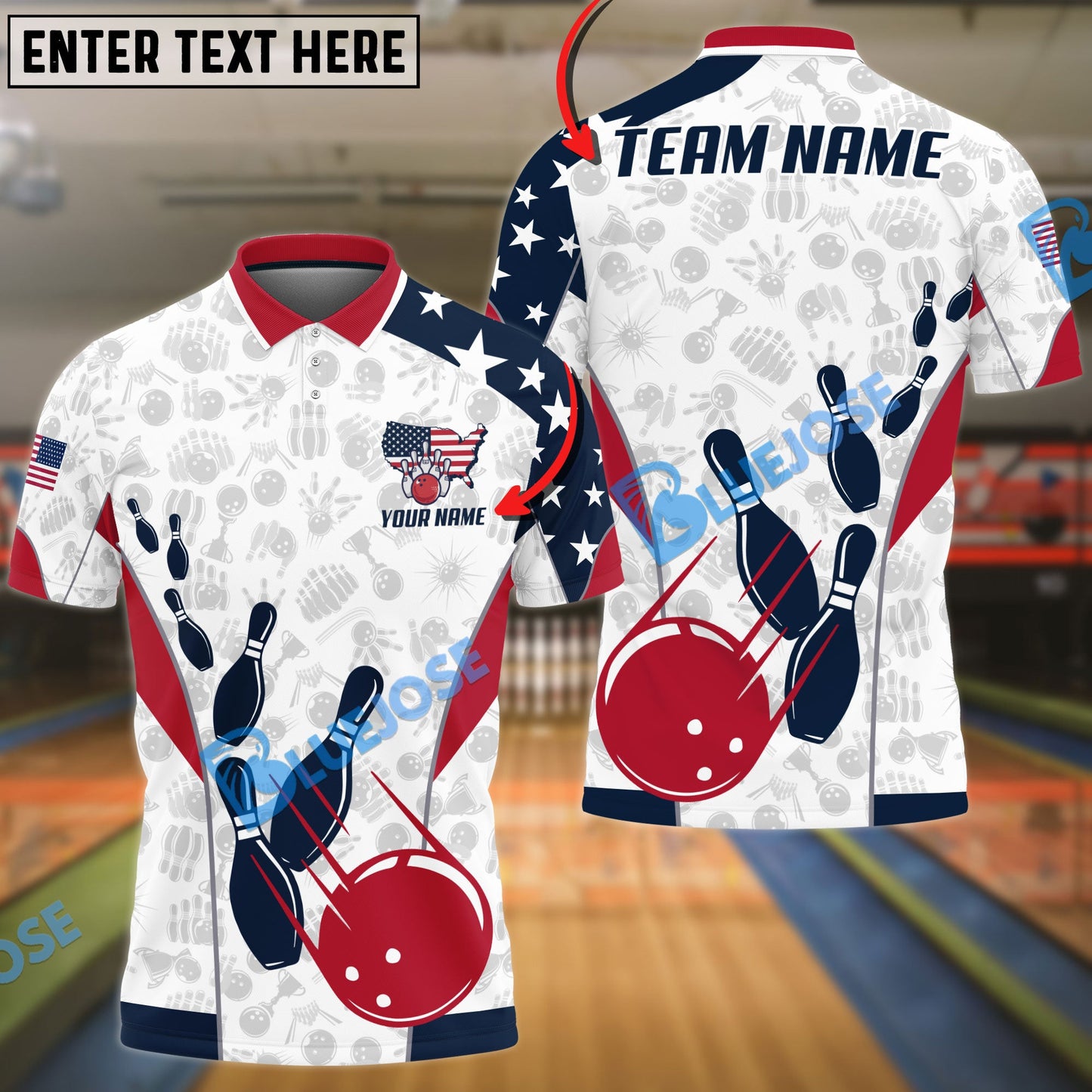 Frenzidea Bowling And Pins American Flag Customized Name, Team Name 3D Shirt (4 Options)