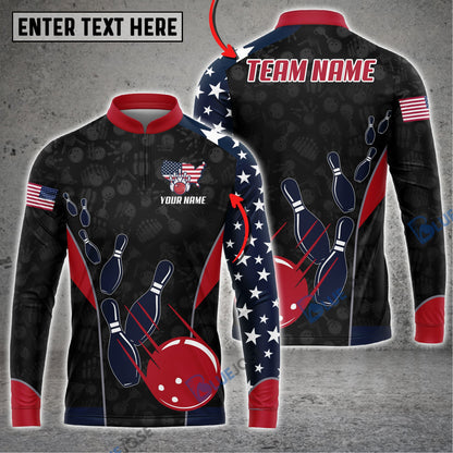 Frenzidea Bowling And Pins American Flag Customized Name, Team Name 3D Shirt (4 Options)