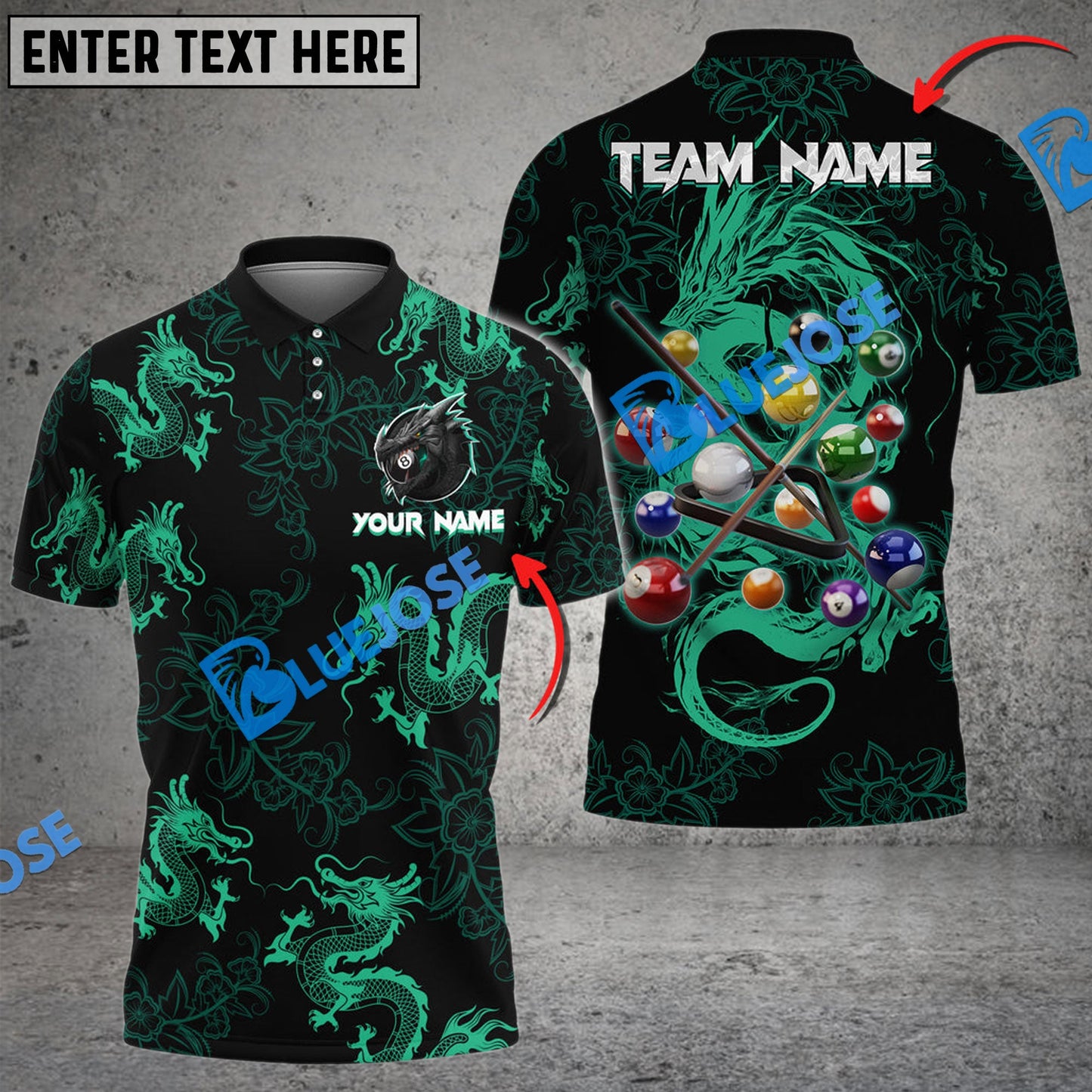 Frenzidea Billiards Ball 8 Powerful Dragon Tattoos Personalized Name, Team Name Unisex Shirt ( 4 Colors )
